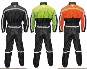 Photo showing StormRider rainsuit (Pants and jacket) in Black, Hi-Vis Yellow, and Orange on white background - shot from back
